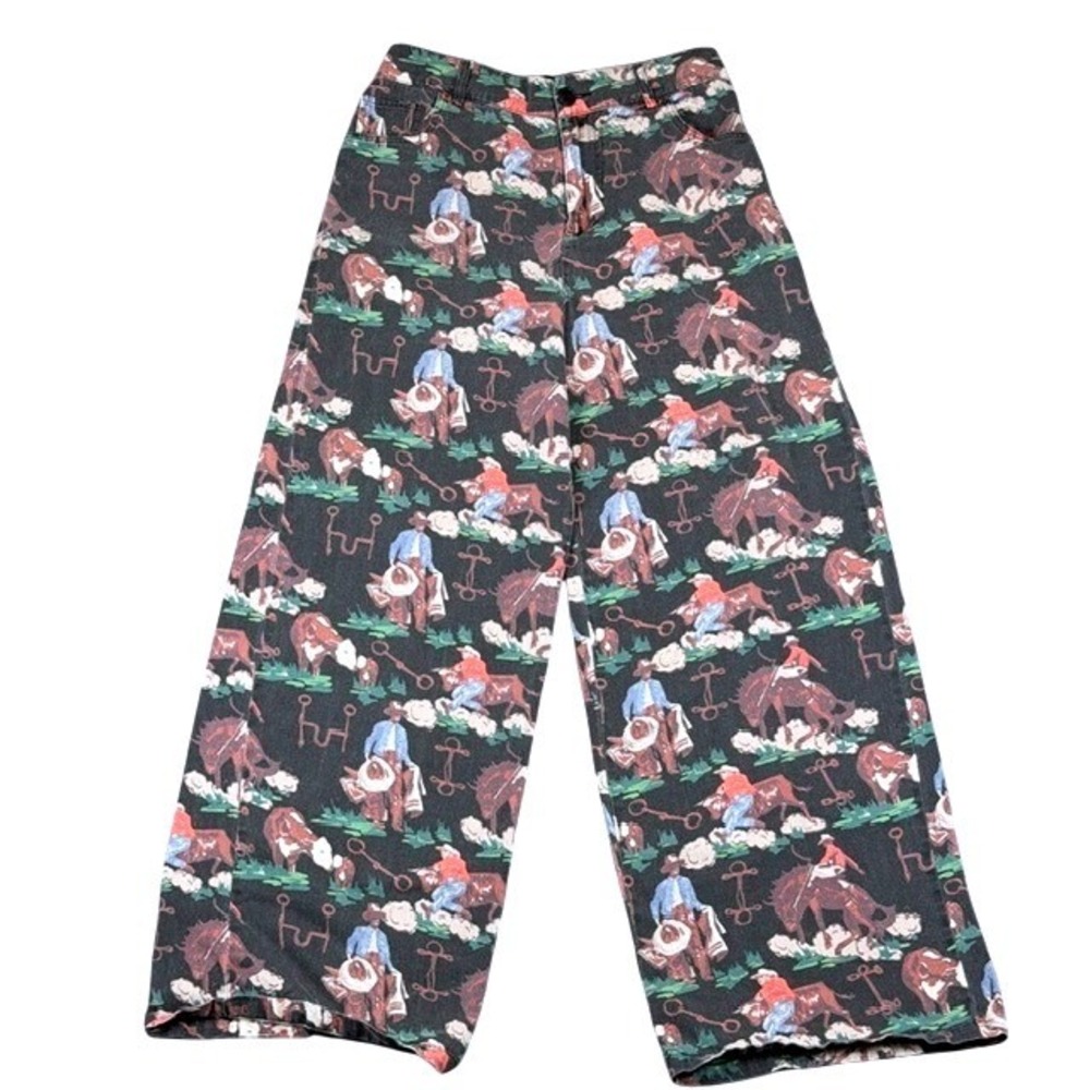 2 Fly Co Womens Western Rodeo Cowboy Print Wide Leg Cotton Pants Black Large